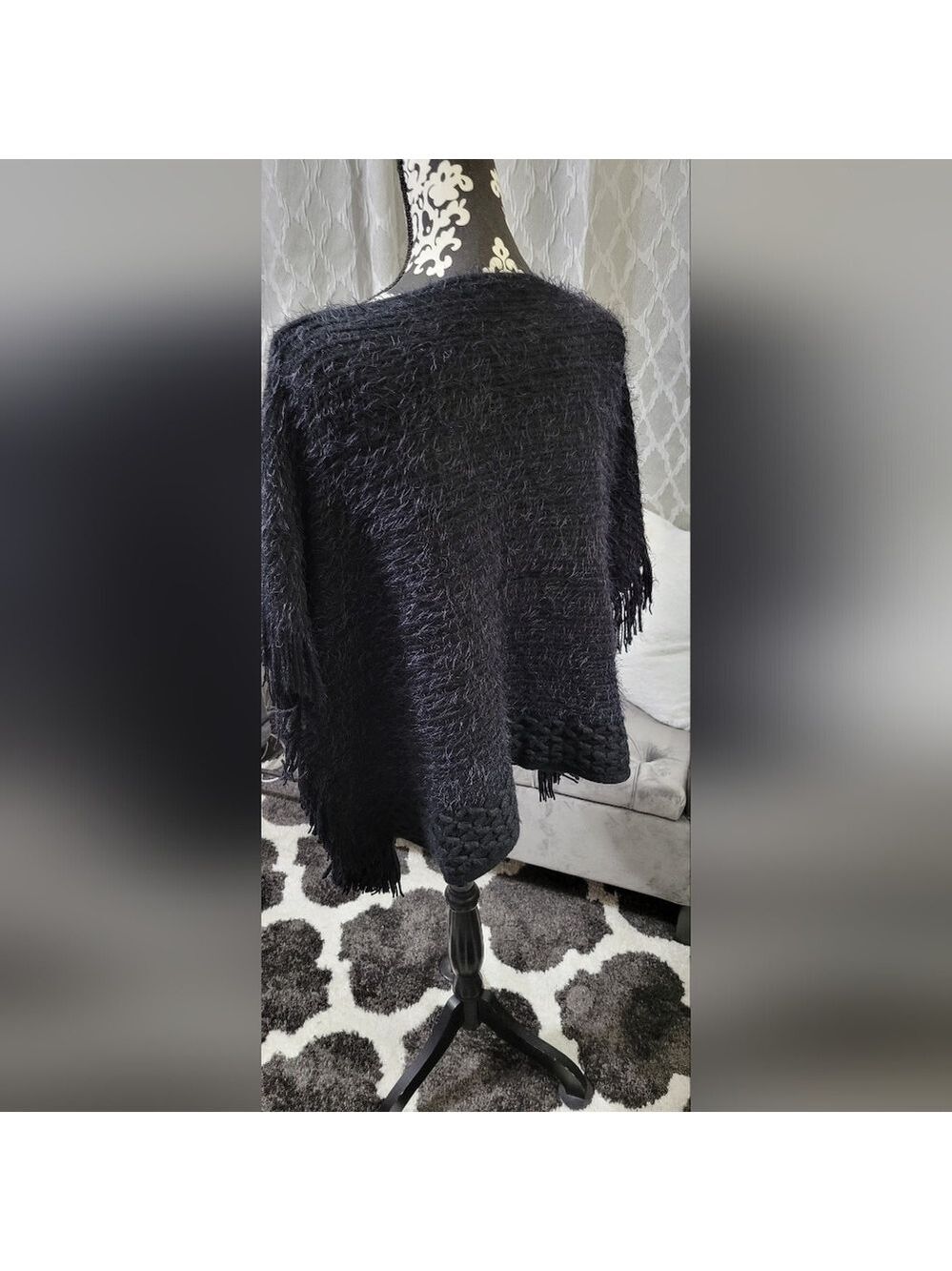 Black Textured Knit Poncho with Fringe Sides | Cozy Boho Fall & Winter Layer - Picture 4 of 7